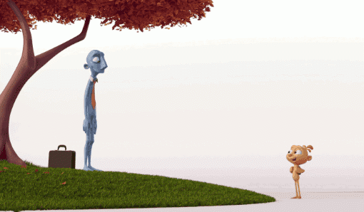 Scene from short film Alike with father standing on a patch of grass under a tree next to his briefcase and son standing about six feet away just beyond he edge of the patch of grass