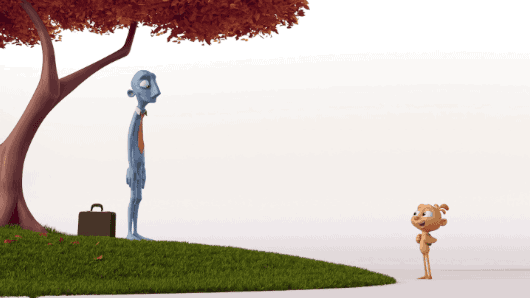 Scene from short film Alike with father standing on a patch of grass under a tree next to his briefcase and son standing about six feet away just beyond he edge of the patch of grass