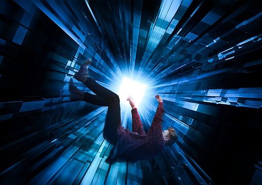 man falling through digital space