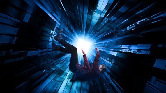 man falling through digital space