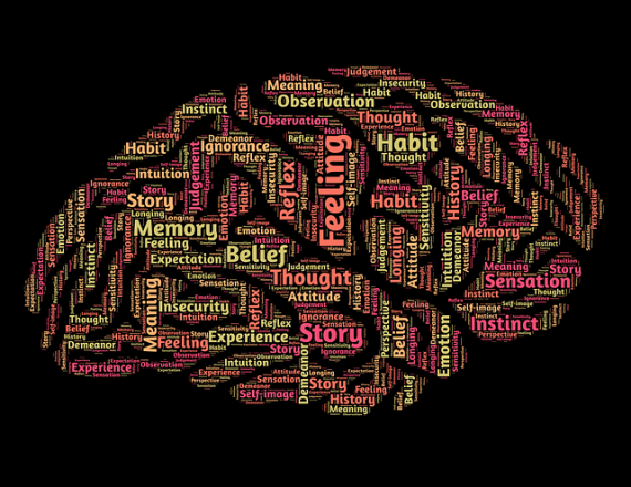 Word cloud related to mindset in shape of human brain