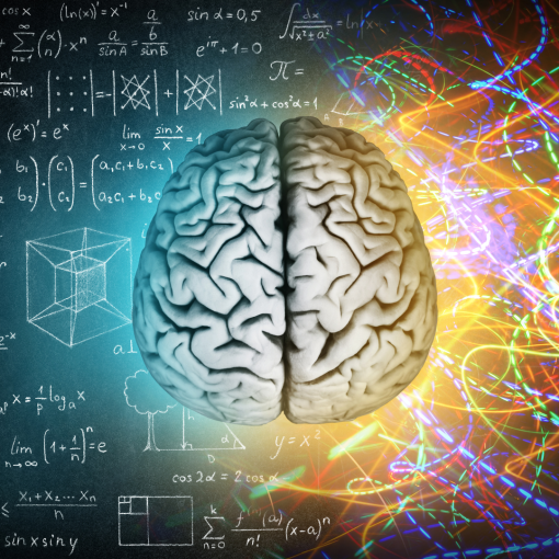 Two sides of brain with mathematical problems on the left and bright colors on the right