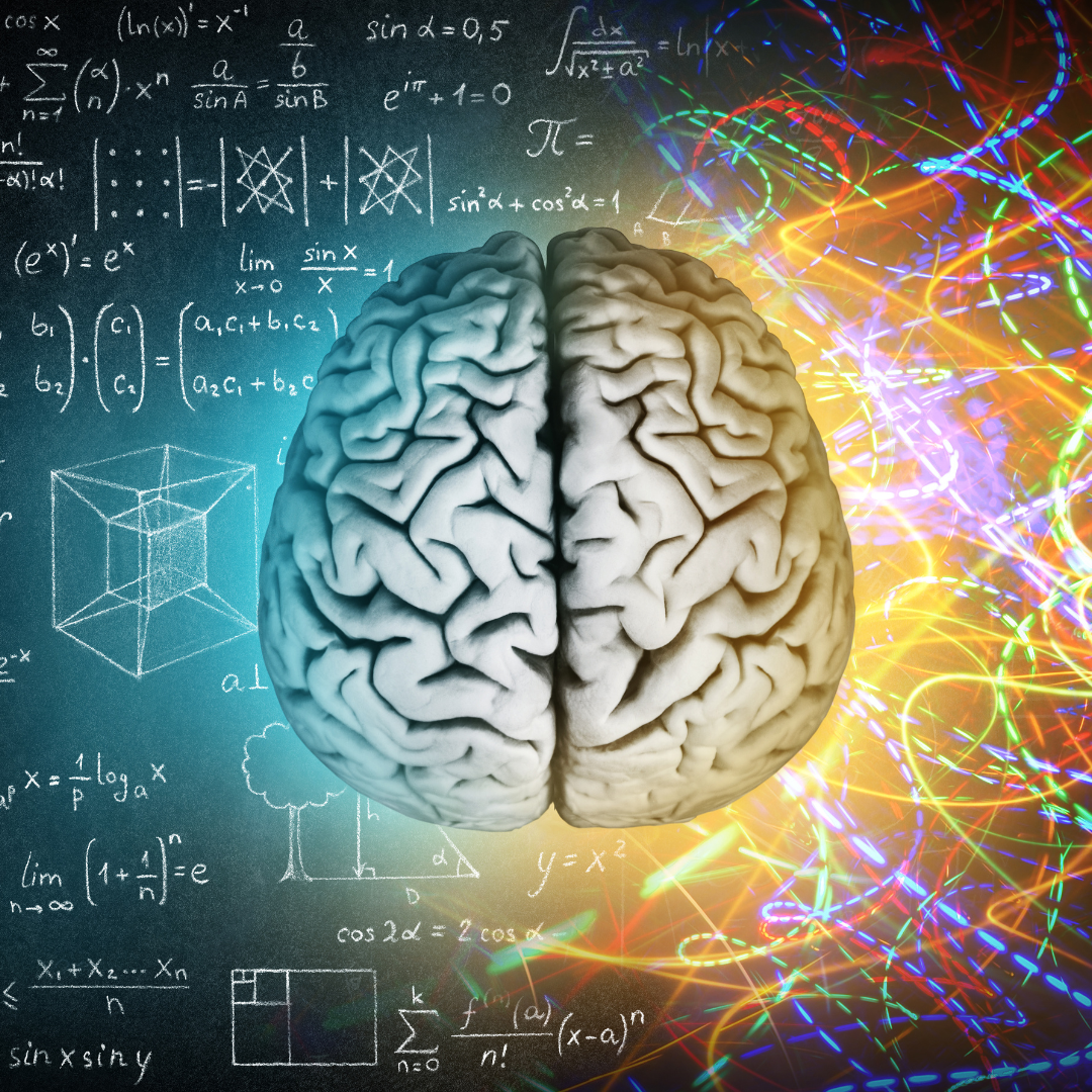 Two sides of brain with mathematical problems on the left and bright colors on the right